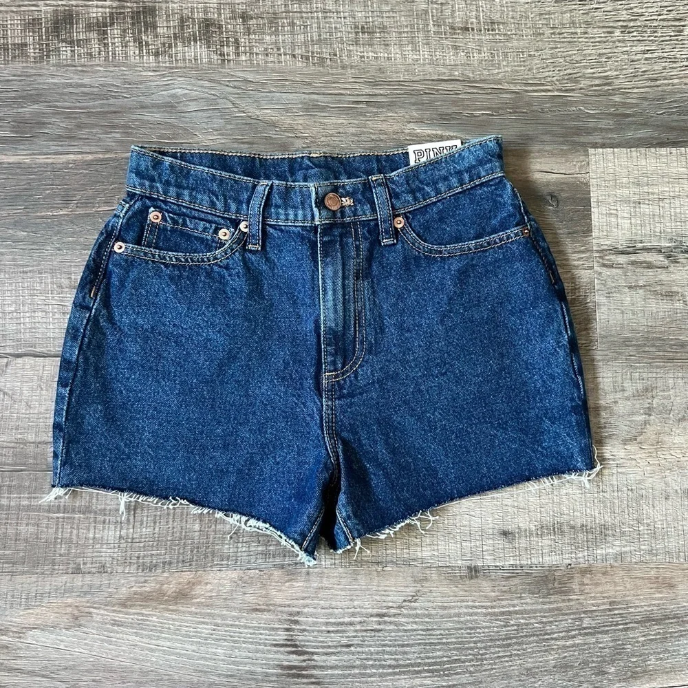 NWT! Victorias Secret PINK High-Waisted Cut Off Shorts Denim Dark Wash 25